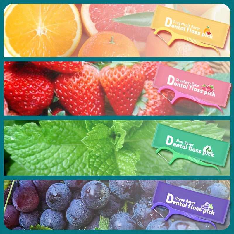 Four Individually Wrapped Floss Sticks with Fruit Flavors | Made from Ultra-Thin 0.01Mm PE Material, They Are Strong And Resistant to Breaking, Effectively Eliminating 99% of Plaque, Available in a Mix of Four Flavors