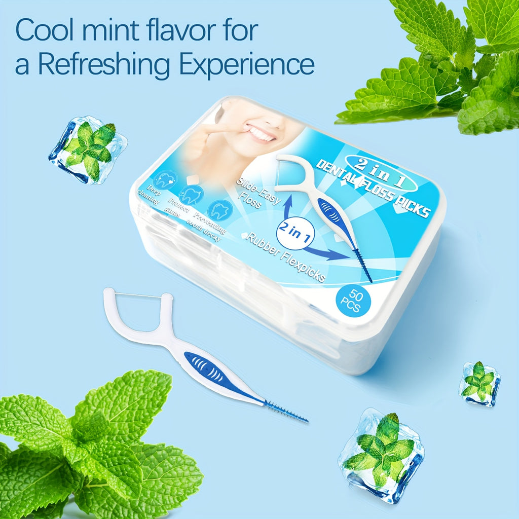 New Mint Dental Floss Stick, Silicone Interdental Brush 2-in-1, Portable Disposable Oral Hygiene Tool for Travel And Daily Use - Essential for On-the-Go Fresh Breath, Teeth Cleaning, Compact Design, Easy to Carry, Hygienic Material, Soft Bristles