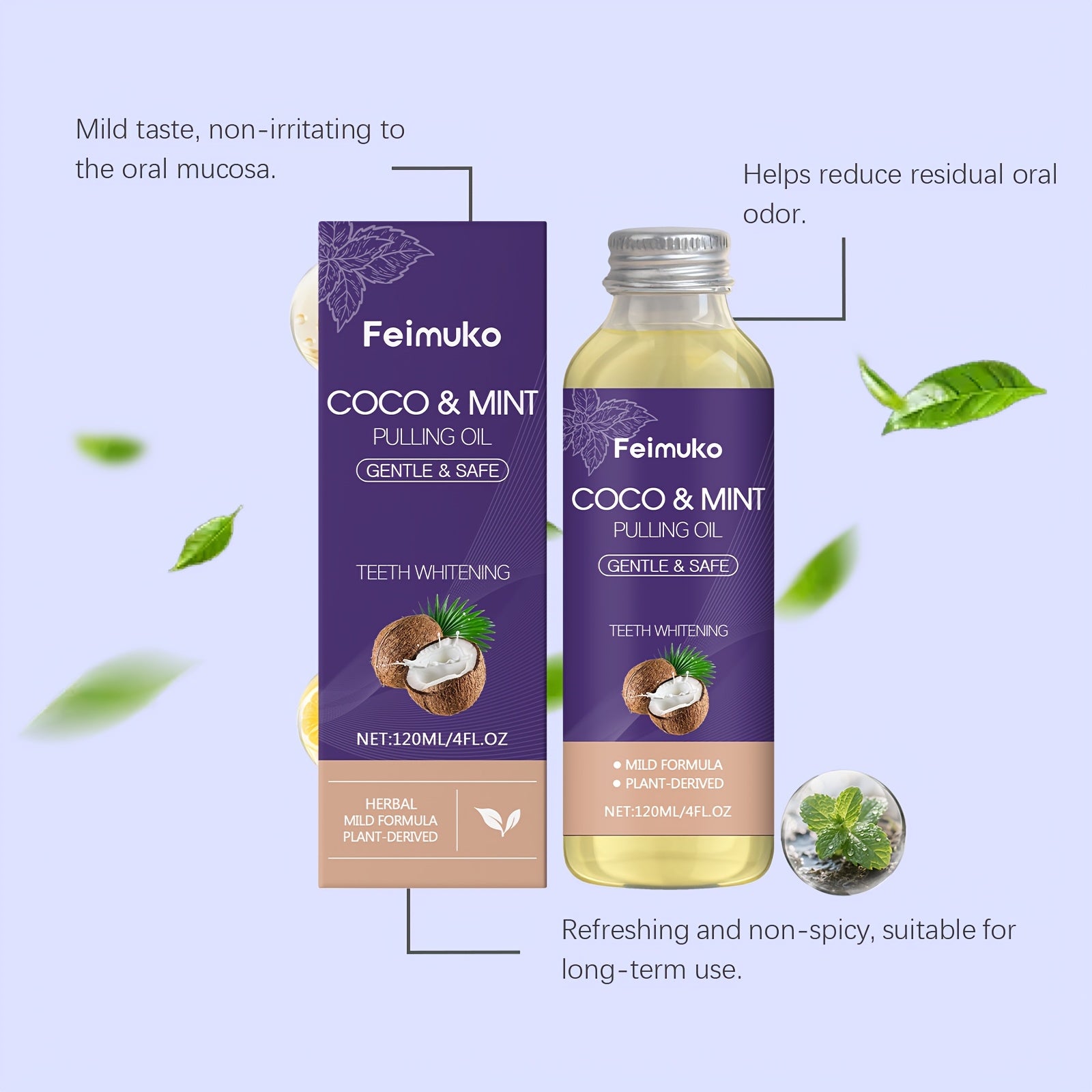 Coconut Mint Oil Mouthwash 120g, Containing Menthol, Citric Acid, and Coconut Oil, Provides Gentle Daily Cleaning and Oral Care. The Minty Fragrance Offers Long-lasting Fresh Breath. Made with Natural Ingredients, It Quickly Boosts Confidence