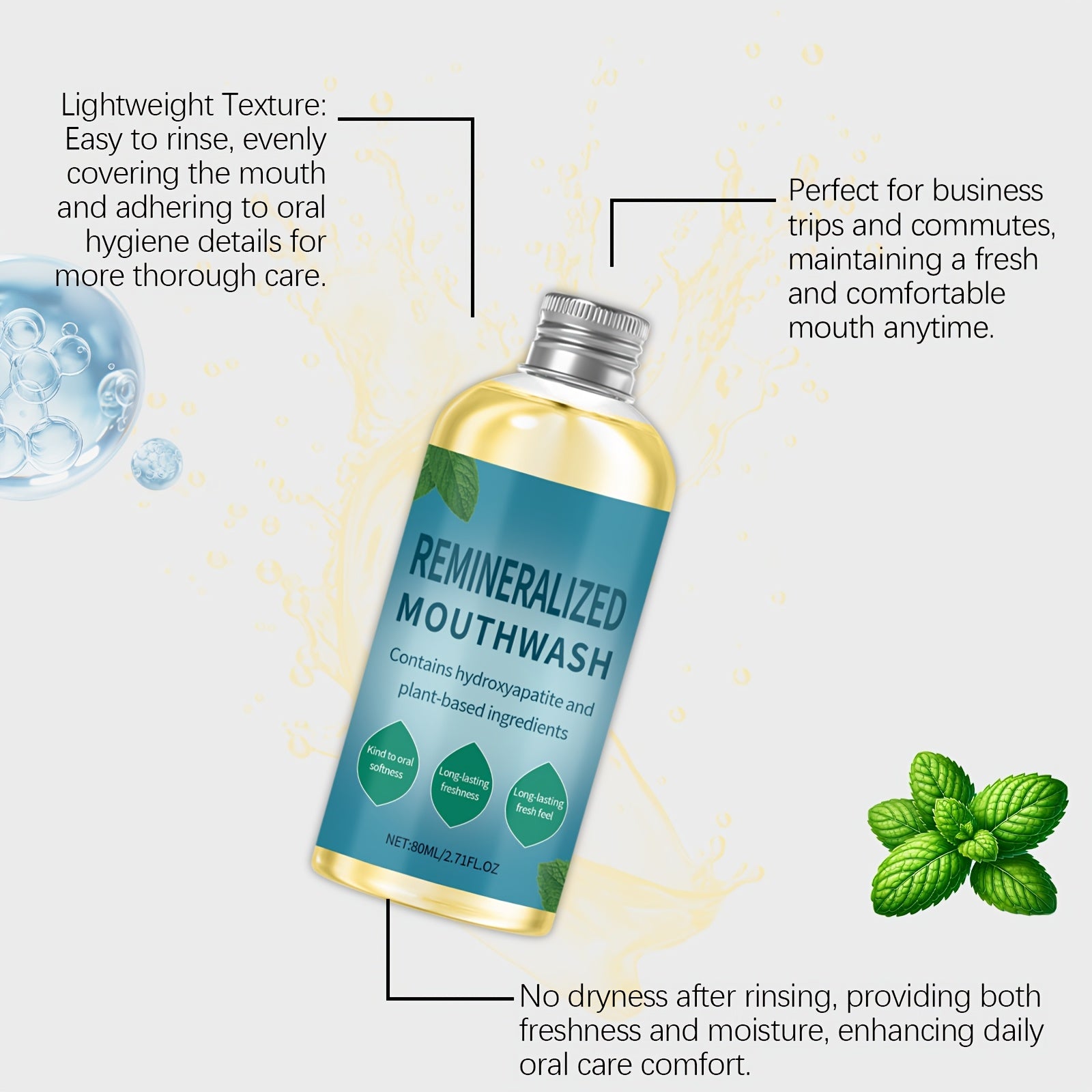 2.71oz Mint-Flavored Mouthwash, Containing Hydroxyapatite And Plant Ingredients, Lightweight Texture, Easy to Rinse, Achieving More Thorough Care, Perfect for Fresh Breath Before Dates Or After Meals. Ideal for Travel And Hotel Stays