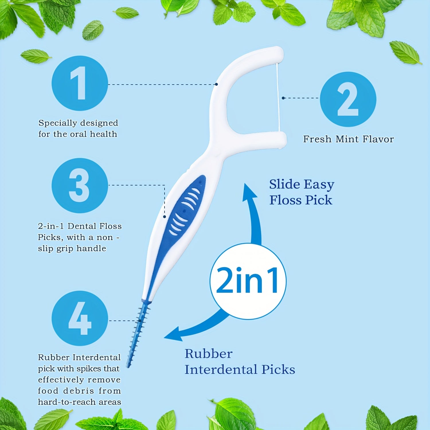 New Mint Dental Floss Stick, Silicone Interdental Brush 2-in-1, Portable Disposable Oral Hygiene Tool for Travel And Daily Use - Essential for On-the-Go Fresh Breath, Teeth Cleaning, Compact Design, Easy to Carry, Hygienic Material, Soft Bristles