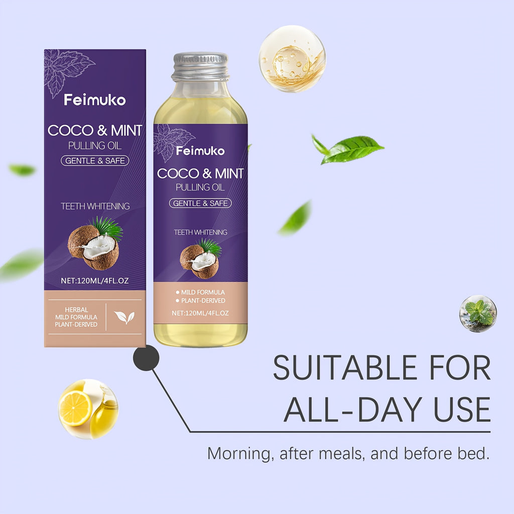 Coconut Mint Oil Mouthwash 120g, Containing Menthol, Citric Acid, and Coconut Oil, Provides Gentle Daily Cleaning and Oral Care. The Minty Fragrance Offers Long-lasting Fresh Breath. Made with Natural Ingredients, It Quickly Boosts Confidence