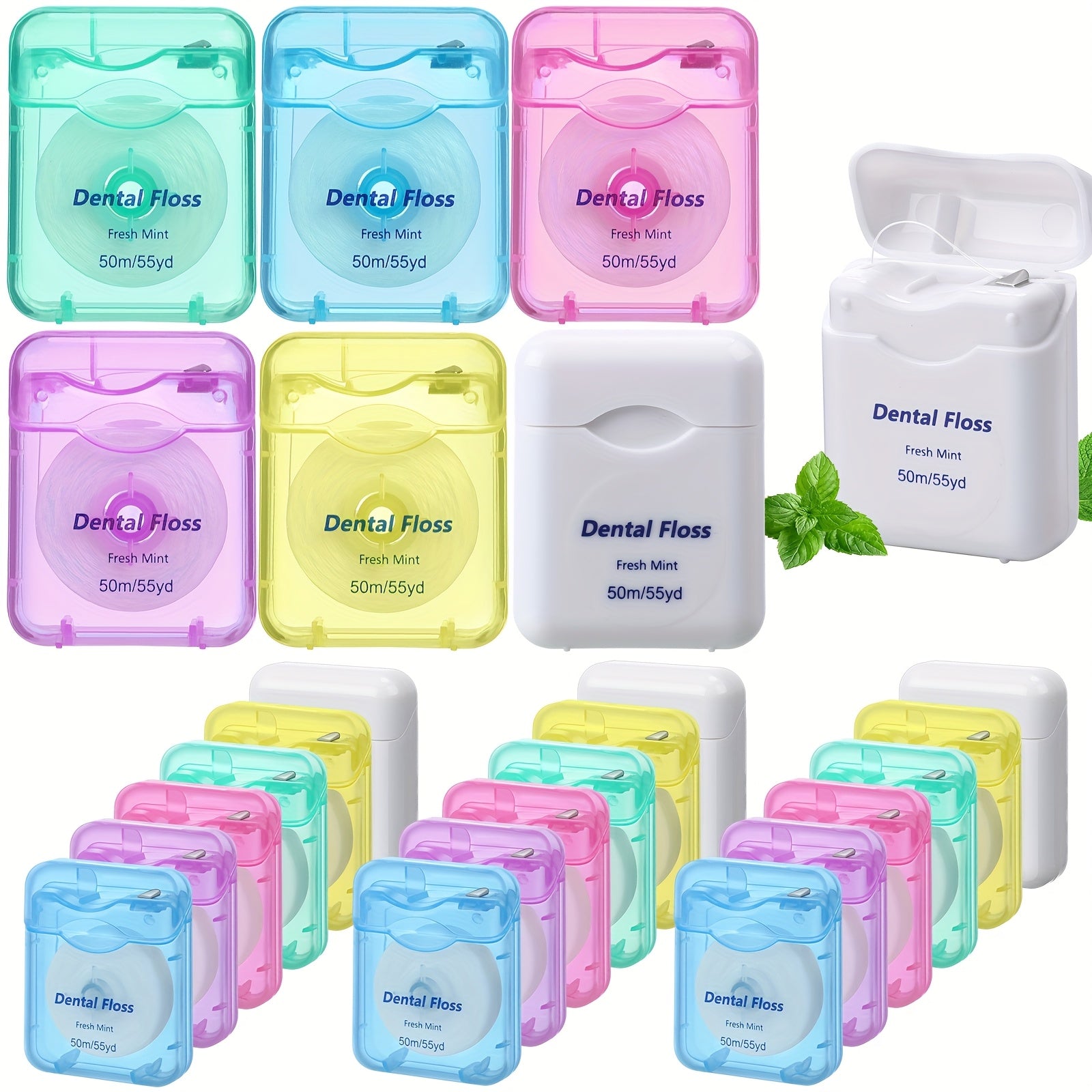 Bulk Pack of 24 Mint-Flavored Dental Floss, Each 1968.5 inch Long, Designed for Travel. Waxed for Oral Hygiene And Gum Protection (Various Colors)
